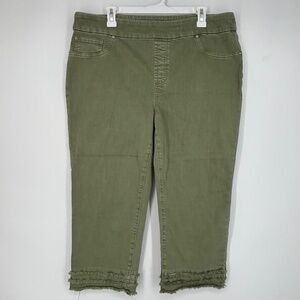 Chico's Sz 3 Womens 16 Pull On Capri Jeans Light Olive Green Frayed Leg Openings